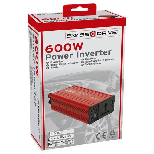 Convertisseur SWISS DRIVE 12V/230V 600W + USB 2.1Ax2 + pinces crocodiles