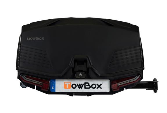 Coffre d'attelage 330 litres TOWBOX Camper Noir sur bras articulé LONG