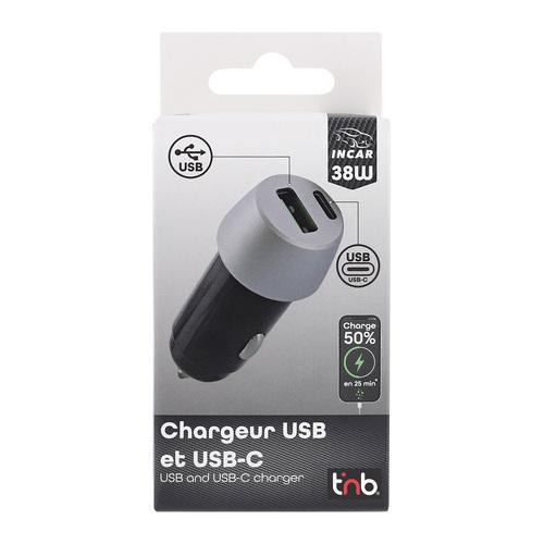 Chargeur allume-cigares haute puissance  TNB 2USB 38W max (USB QC3.0 - 18W + USB-C PD2.0 - 20W) - noir