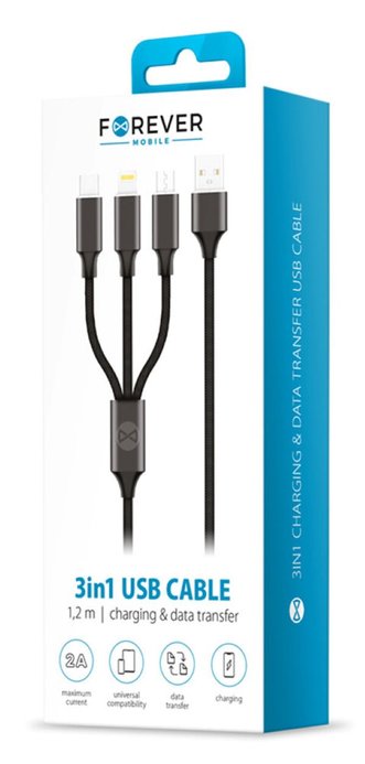 Câble FOREVER 3en1 USB - Lightning + USB-C + microUSB 1,2 m 3A blanc