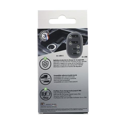 Chargeur allume-cigares TNB 2XUSB et 2XUSB-C 78W - noir