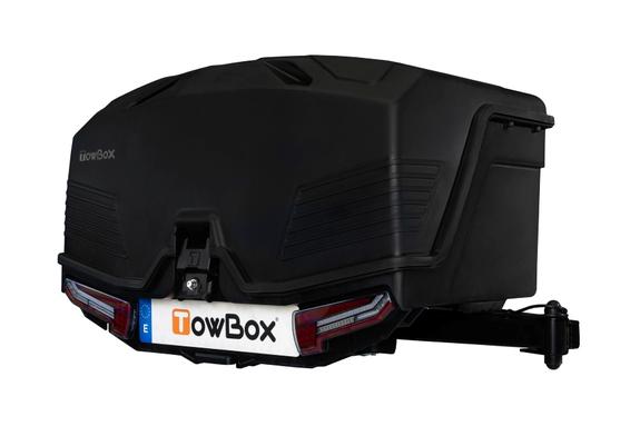 Coffre d'attelage 330 litres TOWBOX Camper Noir sur bras articulé LONG