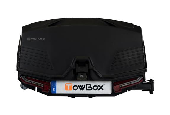 Coffre d'attelage 330 litres TOWBOX Camper Noir sur bras articulé COURT 