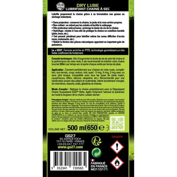 Lubrifiant chaîne GS27 MOTO dry lube 500 ml