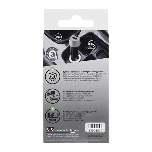 Chargeur allume-cigares haute puissance  TNB 2USB 38W max (USB QC3.0 - 18W + USB-C PD2.0 - 20W) - noir