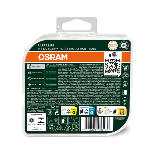 2 Ampoules OSRAM H4 Ultralife 12V