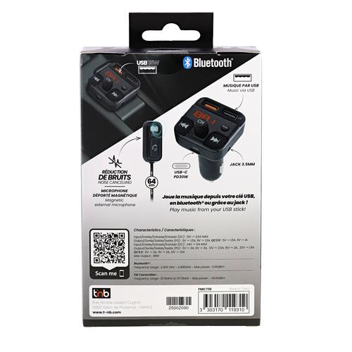 Transmetteur FM Bluetooth kit mains libres et charge rapide   TNB- NOIR