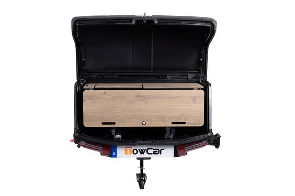 Coffre d'attelage 330 litres TOWBOX Camper Life Noir sur bras articulé COURT 