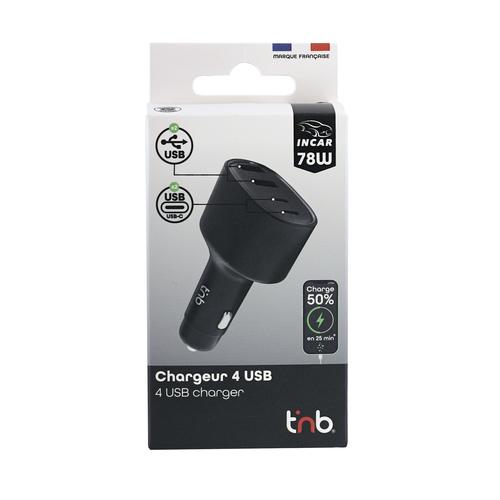 Chargeur allume-cigares TNB 2XUSB et 2XUSB-C 78W - noir