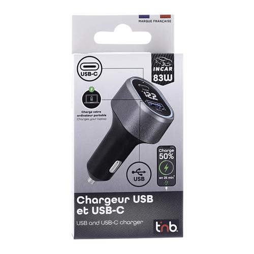 Chargeur allume-cigares TNB 1XUSB et 1XUSB-C QC et PD 83W  -  noir