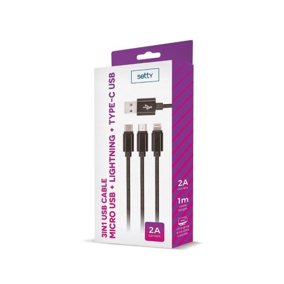Cable USB SETTY 3en1 Lightning + USB-C + câble microUSB 1.0m 2A KN3W1-01 noir