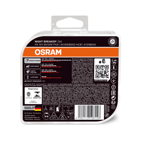 2 Ampoules OSRAM H4 Night Breaker® 200 12V