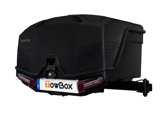 Coffre d'attelage 330 litres TOWBOX Camper Noir sur bras articulé COURT 