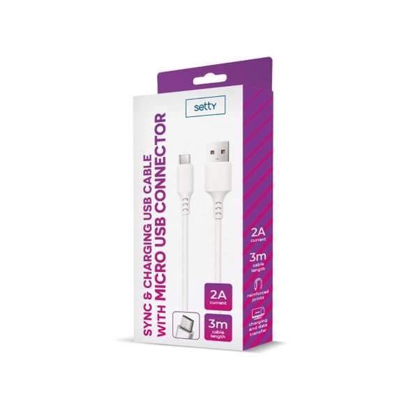 Câble USB SETTY microUSB 3.0 m 2A blanc NOUVEAU