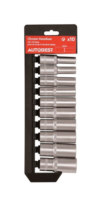 Jeu de 10 douilles longues, 6 pans, carre 1/2, AUTOBEST Jeu de 10 douilles longues, 6 pans, carre 1/2, AUTOBEST