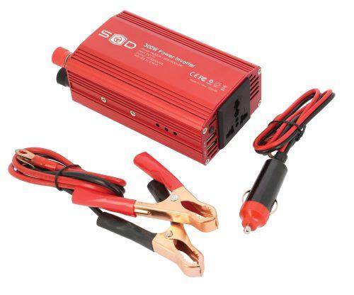 Convertisseur SWISS DRIVE 12V/230V 300W + USB 2.4Ax2 + pinces crocodiles + câble 12V